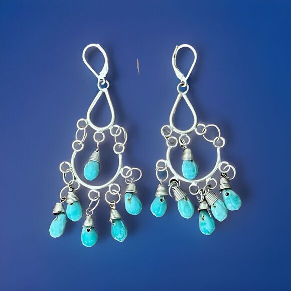 Chandelier Earrings Pierced Dangle Drop Blue Bead Silver Lever Made USA Festival - Picture 2 of 2